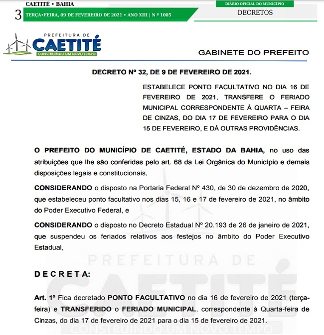 Prefeitura Municipal de Catas Altas - » PREFEITURA DECRETA PONTO  FACULTATIVO NO DIA 09/12