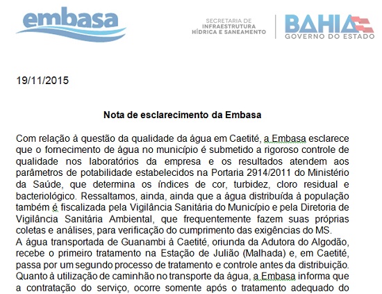 Caetfest Not Cias Ap S Den Ncia Embasa Emite Nota De Esclarecimento